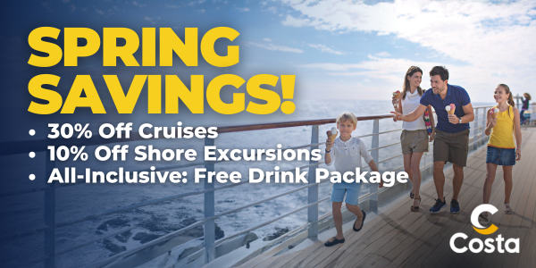 A family joyfully walking on a cruise deck, with ocean views and vibrant spring colors in the background.