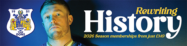 A serious-looking player in a team jersey against a vibrant blue background, promoting 2023 season memberships for the Dons.