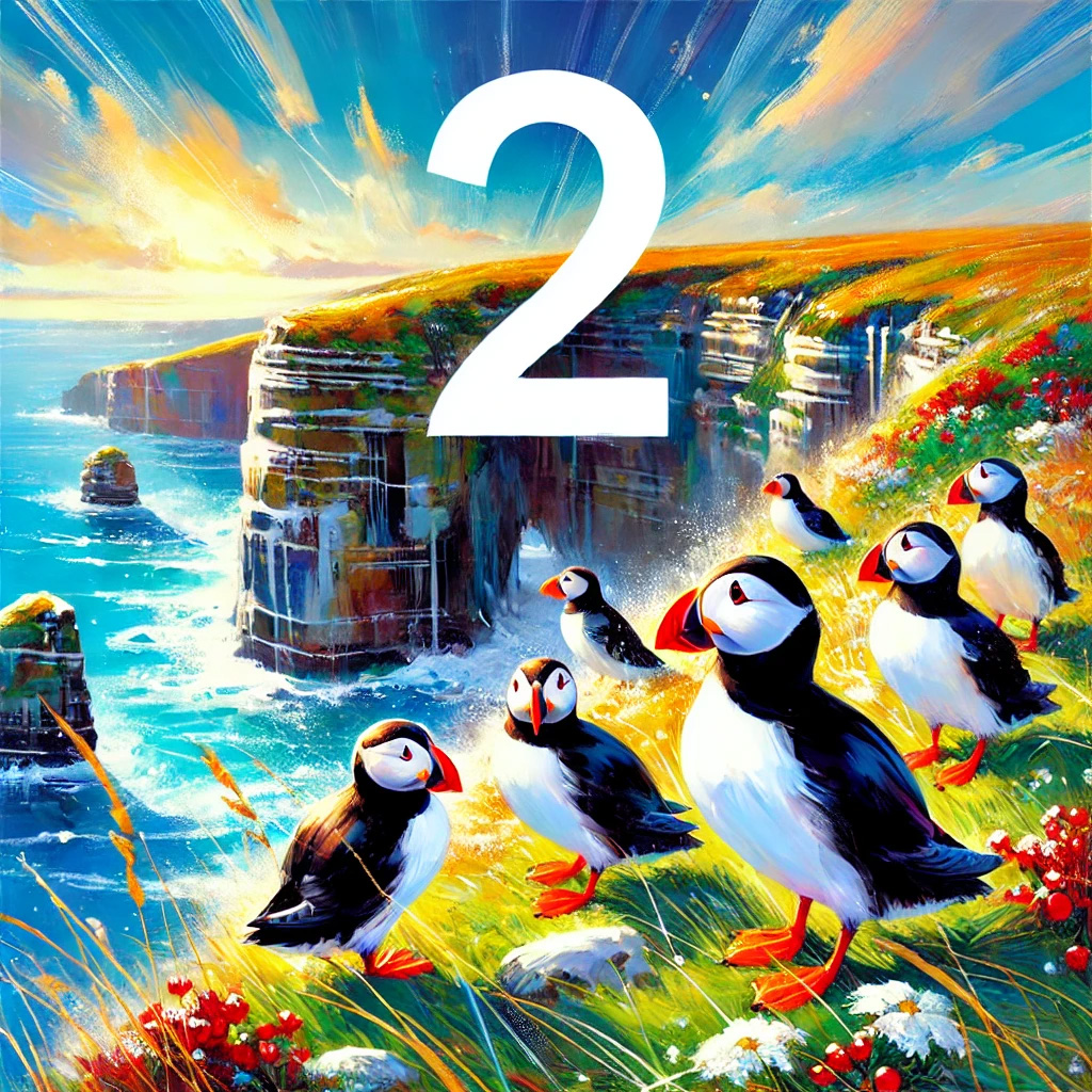 Colorful seabirds stand on a grassy cliff edge overlooking a vibrant ocean, with dramatic rock formations and bright skies.