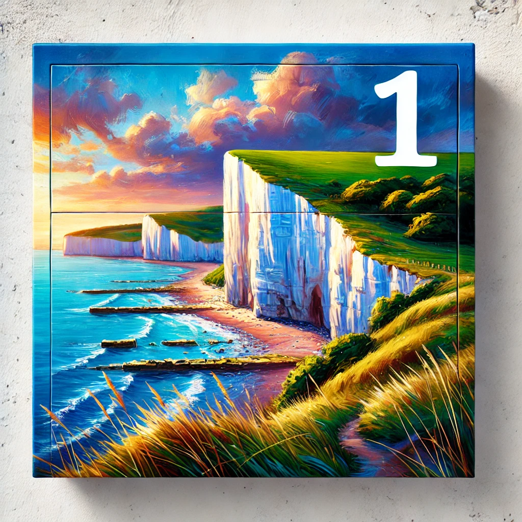 A vibrant coastal scene featuring white chalk cliffs, a sandy beach, and serene ocean waters under a colorful sky.
