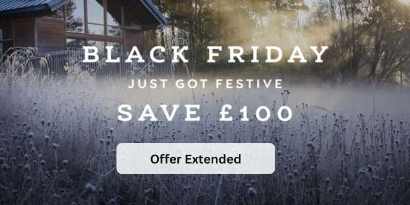 Frosty landscape with a wooden cabin among trees; bold text announces a £100 discount for a holiday offer.