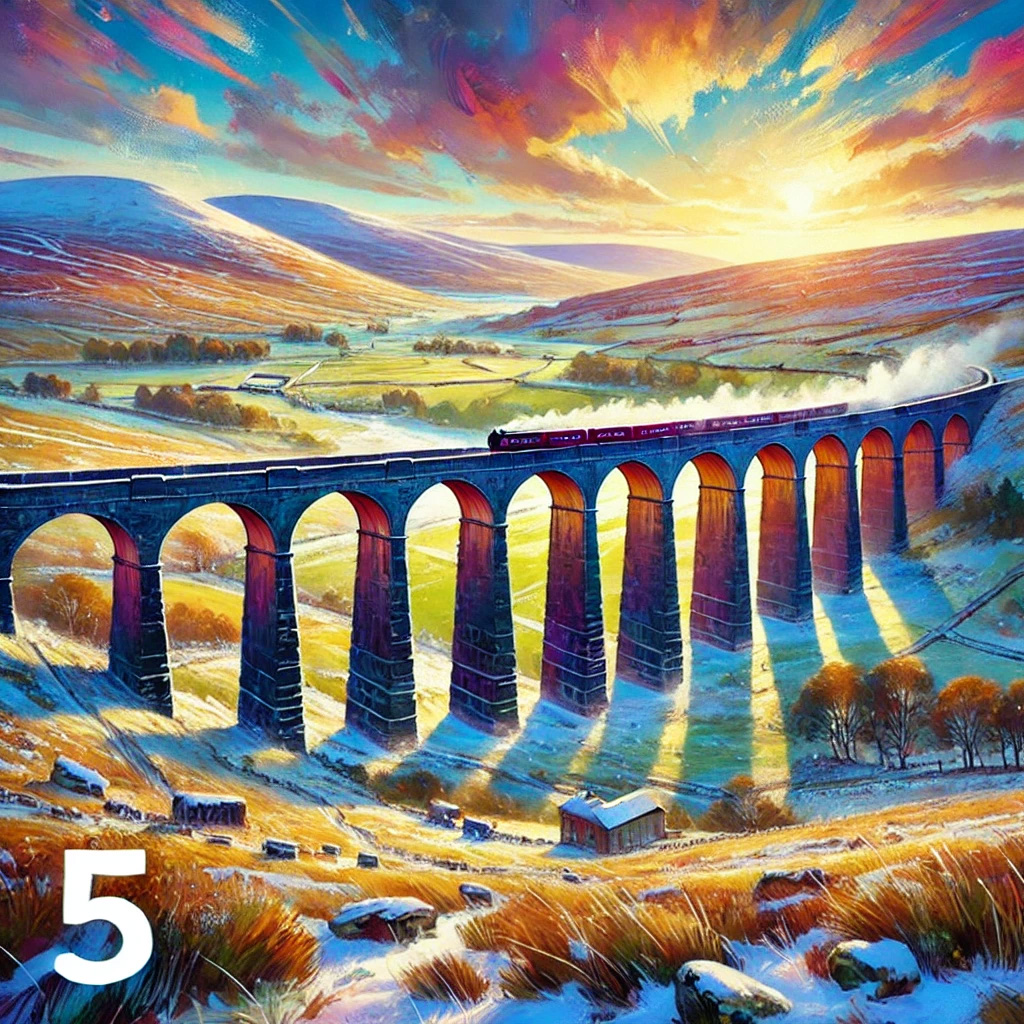 A vibrant landscape features a train crossing a stone viaduct at sunset, casting rays over rolling hills and serene pastures.