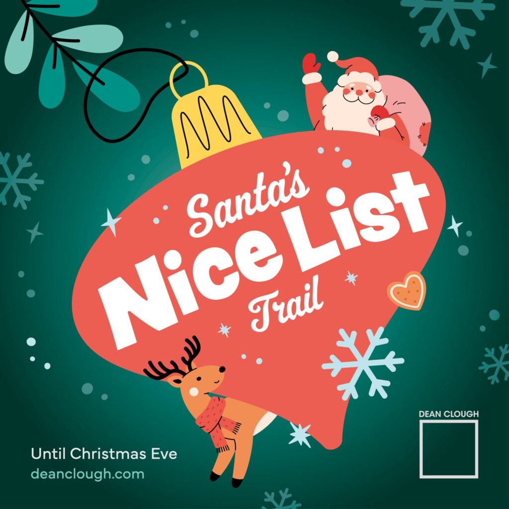 A festive ornament design featuring Santa, a reindeer, and snowflakes, promoting Santa's Nice List Trail.