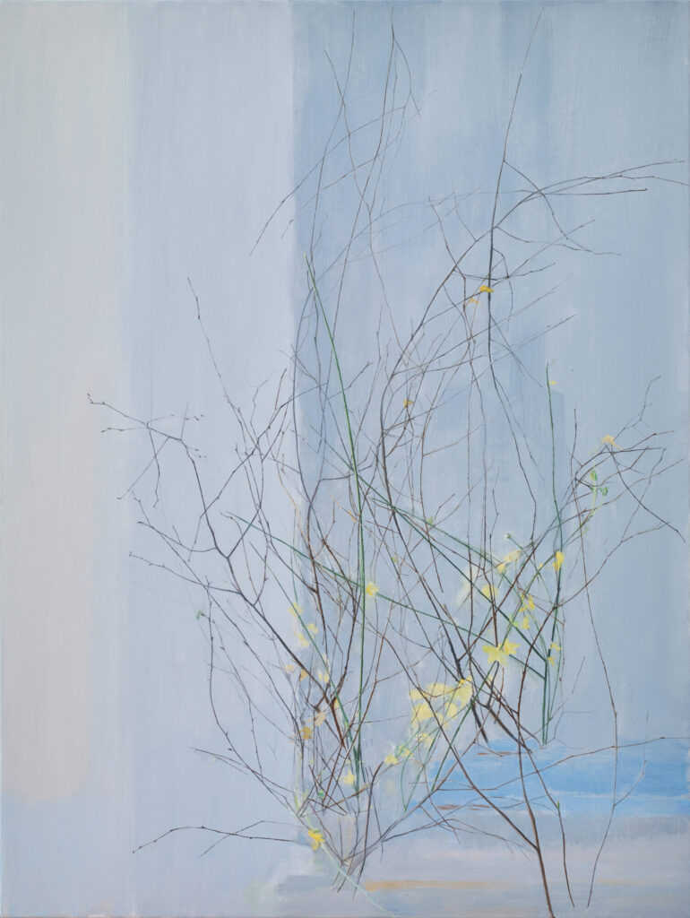 Abstract artwork featuring delicate twigs and yellow accents against a soft blue background.