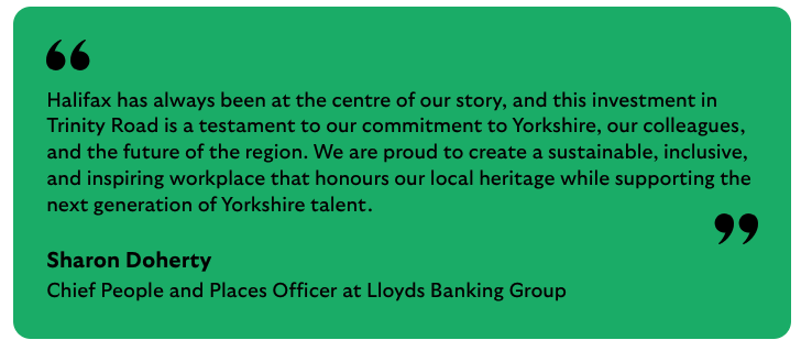 Green and white quote box featuring a statement about investment in Halifax, signed by Sharon Doherty from Lloyds Banking Group.