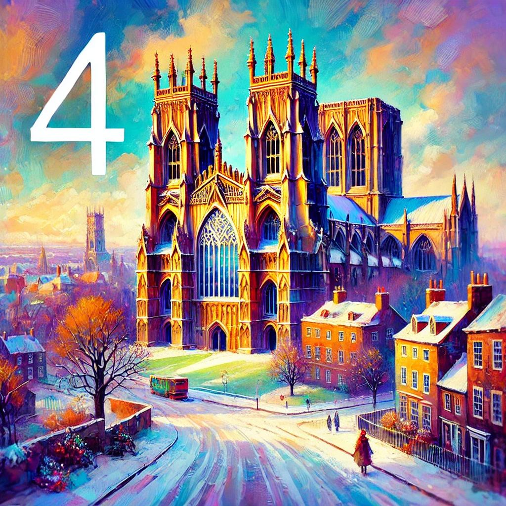 Majestic cathedral with intricate architecture, set against a snowy landscape and colorful buildings under a vibrant sky.