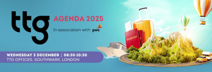 Colorful graphic featuring luggage, hot air balloons, and a cruise ship, promoting the TTG Agenda 2025 event.
