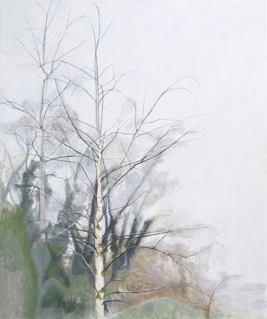 A serene landscape featuring bare trees and soft, muted colors with a hazy sky in the background.