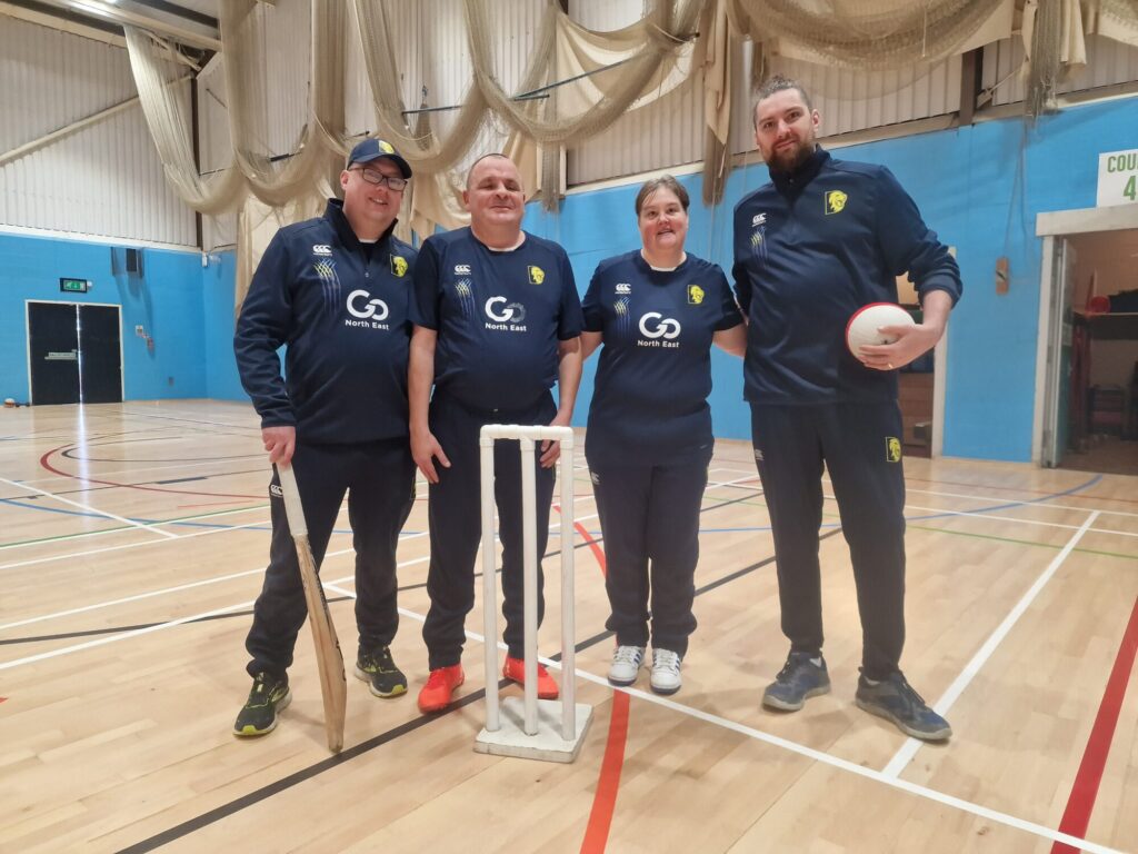 Durham visually impaired (VI) Cricket team coaches and players. From left to right: Chris Ashburn, Darren Cook, Emma Gilfoyle, and Jack Moffat.